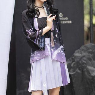 Set: Traditional Chinese Mesh Cover-up + Pleated Mini Skirt