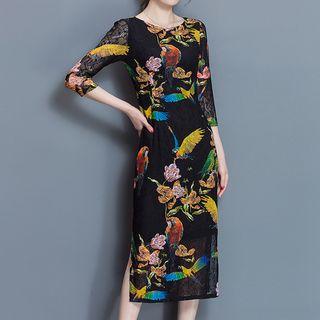 Print 3/4-sleeve Midi Sheath Dress