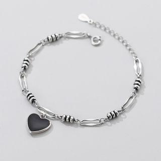 Heart Pendant Sterling Silver Bracelet 1 Pc - S925 Silver - Black - One Size