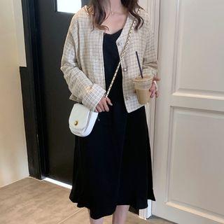 Plaid Cardigan / Sleeveless Plain Dress