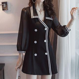 Mesh-sleeve Double-breasted Mini A-line Blazer Dress