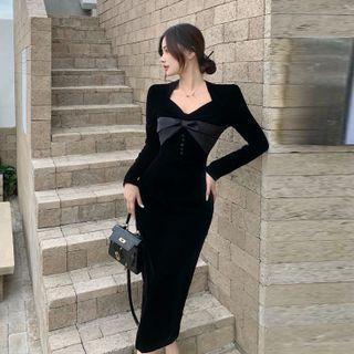 Bow Velvet V-neck One Piece
