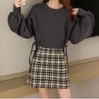 Plain Pullover / Plaid A-line Skirt