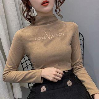 Long-sleeve Mock-neck Lettering Embroidered Top