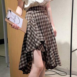 Asymmetric Frill Trim Plaid A-line Midi Skirt