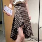Asymmetric Frill Trim Plaid A-line Midi Skirt