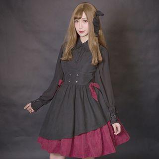 Set: Bow Detail V-neck Pinafore Dress + A-line Skirt