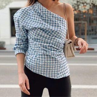 One-shoulder Gingham Shirred Blouse