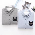 Cat Embroidered Fleece-lined Shirt