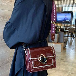 Patent Irregular Buckled Embroidered Trim Crossbody Bag