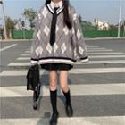 Argyle Sweater / Long-sleeve Shirt / Tie / Pleated Mini A-line Skirt / Set