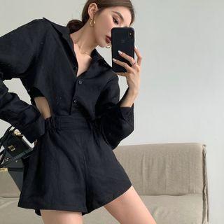 Long-sleeve Asymmetrical Blouse / Wide-leg Shorts