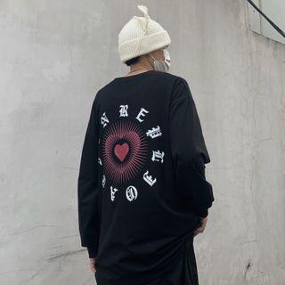 Long-sleeve Lettering Heart Print T-shirt
