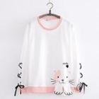 Cat Embroidered Lace Up Pullover