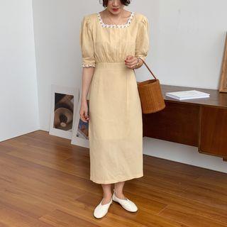 Puff-sleeve Lace Trim Midi Dress