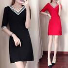 Slit-side Striped V-neck A-line Dress