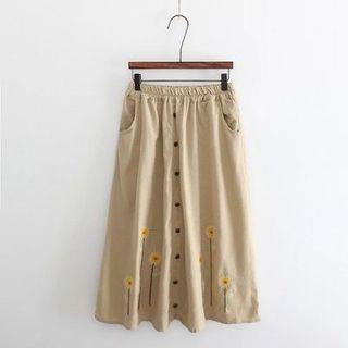 Embroidered Buttoned A-line Skirt