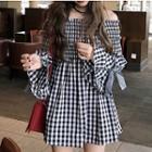 Long-sleeve Off Shoulder Plaid A-line Mini Dress
