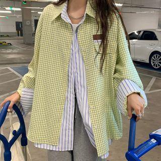 Mock Two-piece Striped Panel Plaid Shirt Yellow & White - One Size