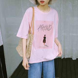 Elbow-sleeve Printed T-shirt Pink - One Size