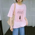 Elbow-sleeve Printed T-shirt Pink - One Size