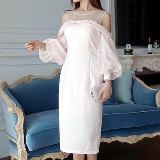 Long Puff Sleeve Cold Shoulder Cocktail Dress