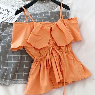 Off-shoulder Frill Trim Drawstring Sleeveless Top