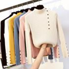 Long-sleeve Button Ribbed Knit Top