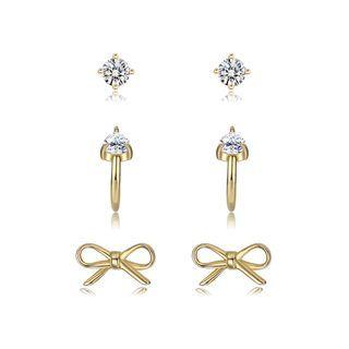 925 Sterling Silver Plated Gold Simple Bow Cubic Zircon Three-piece Stud Earrings Golden - One Size