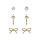925 Sterling Silver Plated Gold Simple Bow Cubic Zircon Three-piece Stud Earrings Golden - One Size