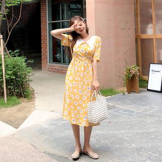 Contrast-collar Floral Print Dress Yellow - One Size
