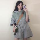 3/4-sleeve Color Block Zip Hooded Wide-leg Playsuit
