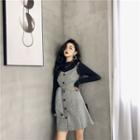 Long-sleeve T-shirt / Single-breasted Mini Pinafore Dress