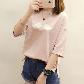 Mustache Applique Striped 3/4-sleeve T-shirt