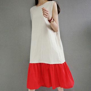 Linen Blend Color-block Sleeveless Long Dress