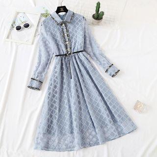 Collared Lace Long-sleeve Midi A-line Dress