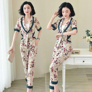 Set: Floral Short-sleeve Blazer + Dress Pants