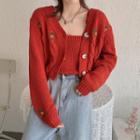 Buttoned Floral Embroidered Cardigan / Spaghetti Strap Top