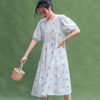 Round Collar Embroider Floral Short-sleeved Dress