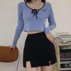 Tie-strap Cropped T-shirt / Slit Mini Pencil Skort