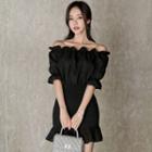 Off-shoulder Mini Ruffle Trim Sheath  Dress Black - One Size