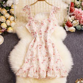 Ruffle Strap Floral Print Lace Sheath Dress