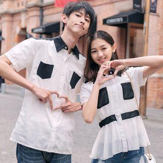 Couple Matching Set: Short-sleeve Contrast Panel Shirt + Peplum Blouse