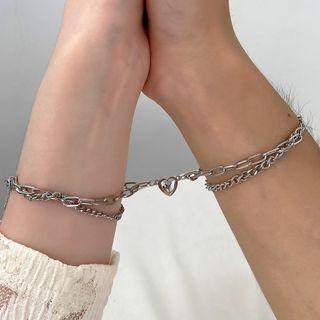 Set Of 2: Couple Matching Magnetic Heart Alloy Bracelet Set Of 2 - 01 - K8868 - Silver - One Size