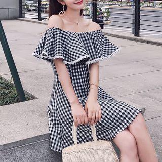 Off Shoulder Plaid Short Sleeve Dress