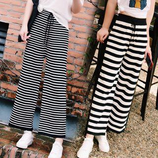 Drawstring Waist Striped Wide-leg Knit Pants
