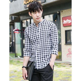 Mandarin-collar 3/4-sleeve Check Shirt