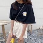 Flower Print Short-sleeve T-shirt Black - One Size