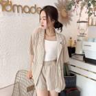 Set: Striped Short-sleeve Blazer / Elastic-waist Shorts