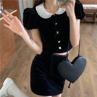 Puff-sleeve Collared Velvet Top / Mini A-line Skirt